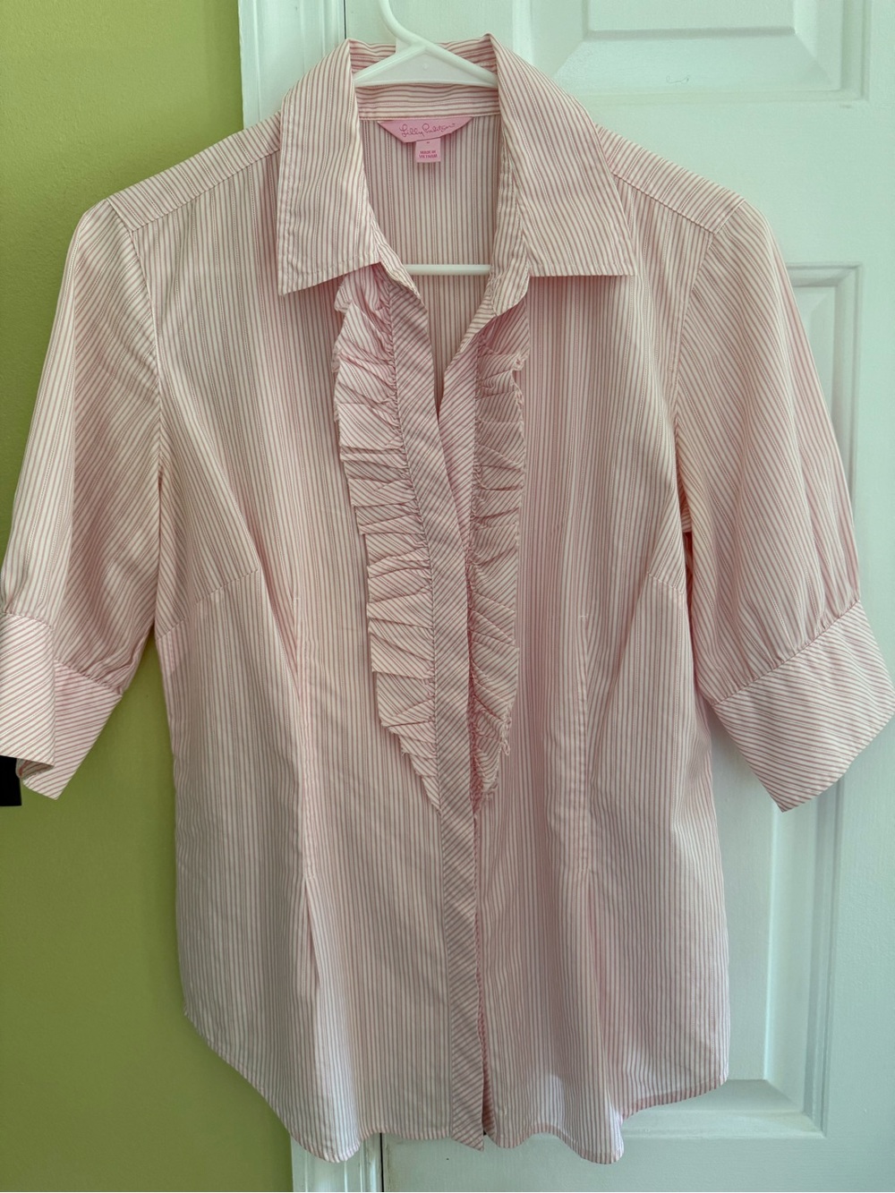 Lilly Pulitzer Pink & White Stripe Short Sleeve Ruffle Front Blouse